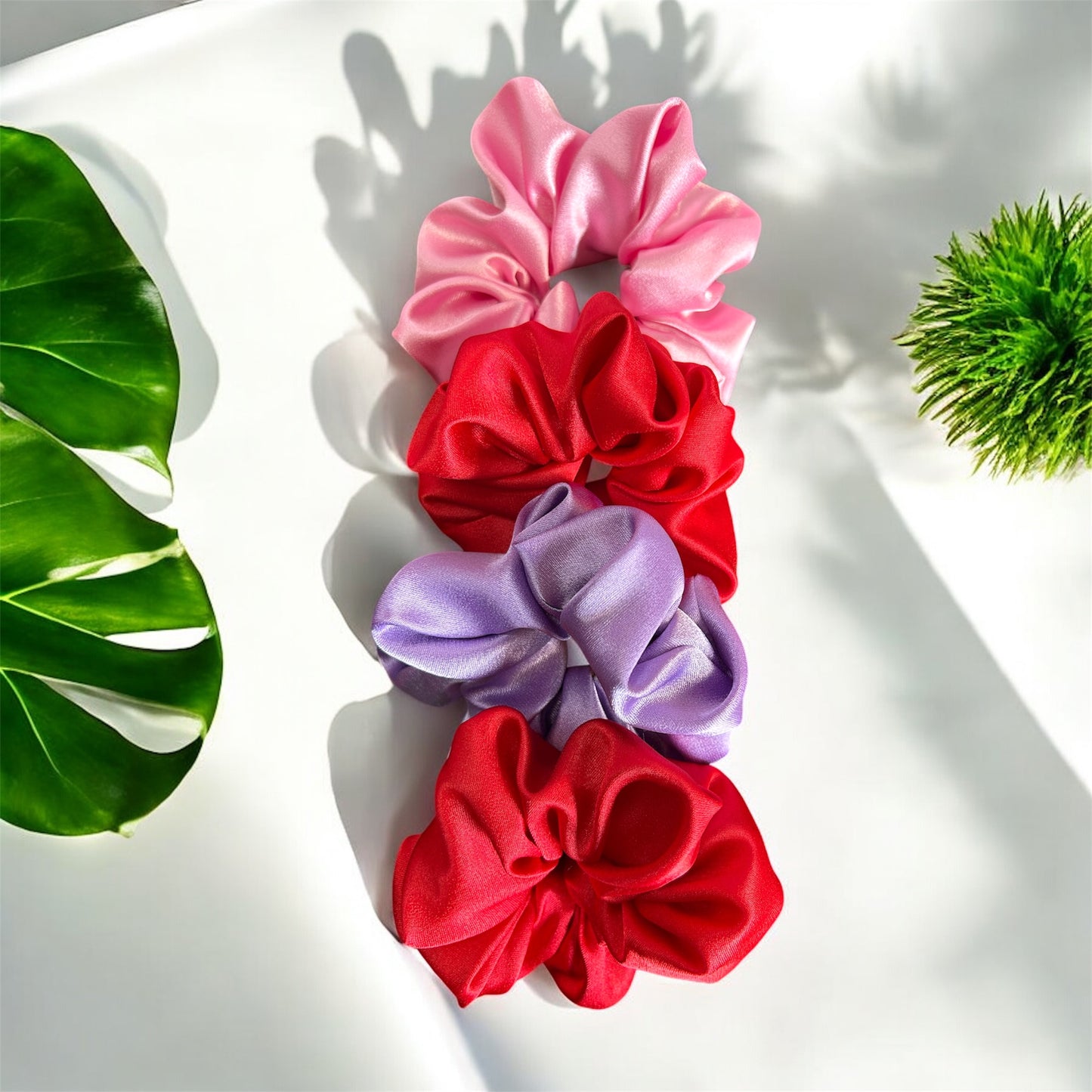 Handmade Premium Satin Scrunchies - Set of 4 (2 Red, 1 Lavender, 1 Pink) | Luxurious & Hair-Friendly