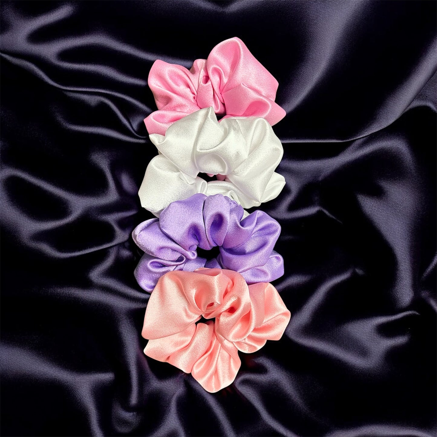 Handmade Premium Satin Scrunchies - Set of 4 (1 Lavender, 1 Pink, 1 White, 1 Peach) | Luxurious & Hair-Friendly