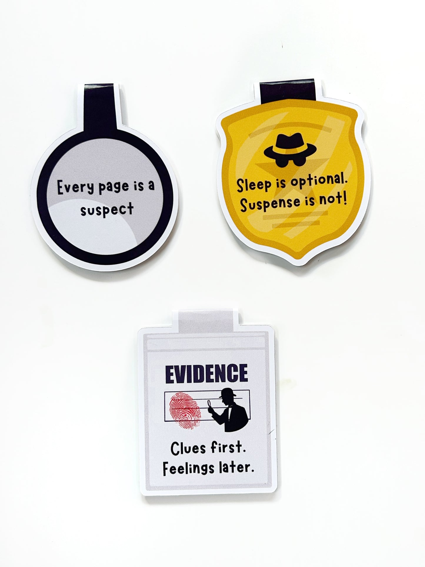 Thriller-Themed Magnetic Bookmarks (Pack of 3) | Crime & Mystery Quote Page Markers for Books | Gift for Suspense Readers