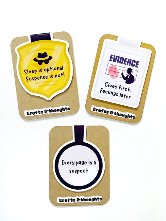 Thriller-Themed Magnetic Bookmarks (Pack of 3) | Crime & Mystery Quote Page Markers for Books | Gift for Suspense Readers