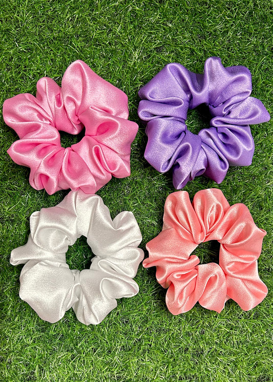 Handmade Premium Satin Scrunchies - Set of 4 (1 Lavender, 1 Pink, 1 White, 1 Peach) | Luxurious & Hair-Friendly