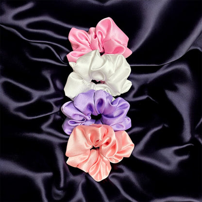Handmade Premium Satin Scrunchies - Set of 4 (1 Lavender, 1 Pink, 1 White, 1 Peach) | Luxurious & Hair-Friendly