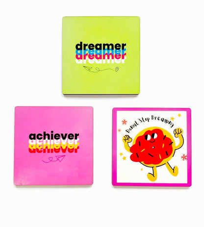 MDF Wooden Coasters Motivational Quotes Theme, Dreamer Achiever 3.5 Inches Square